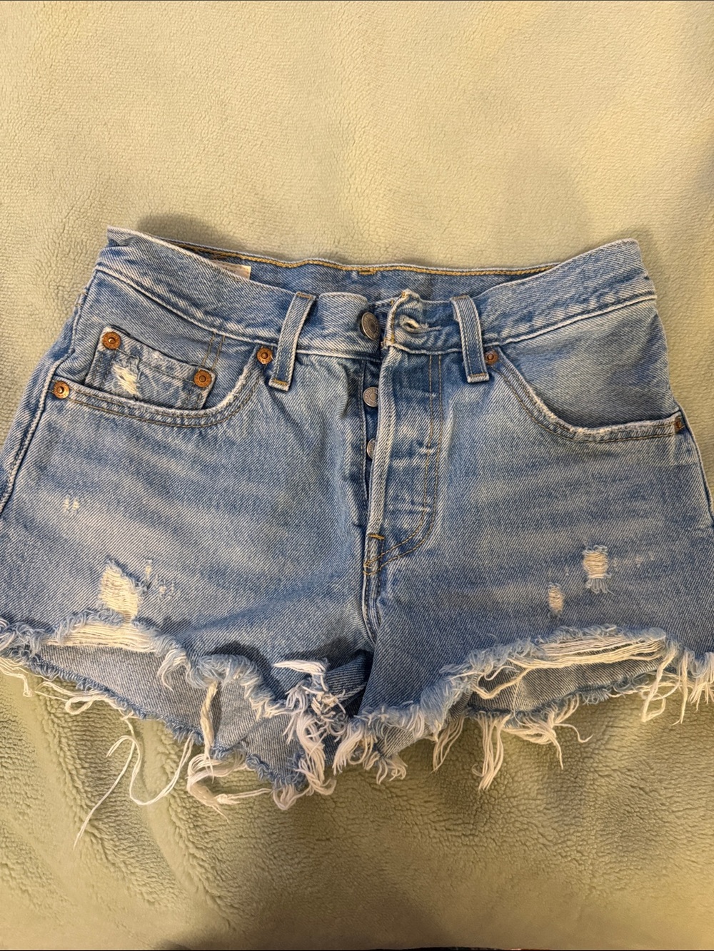 Original 501 Levi Shorts, Light Blue Distressed Denim Shorts - Women's